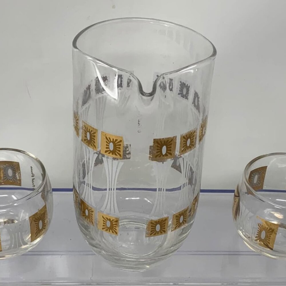 Vintage Mid-Century Modern Fred Press Glass Cocktail Caddy Set in Sun Block Patt